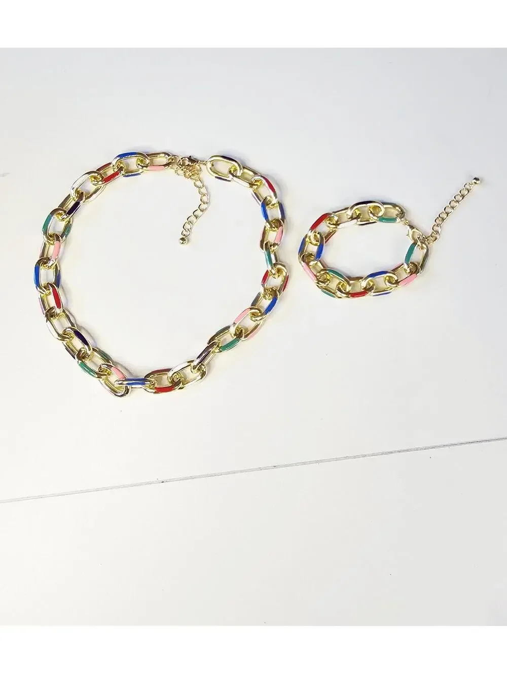 Gold-plated Multicolor Enamel Necklace And Bracelet Set Adjustable Lightweight - Picture 2 of 6